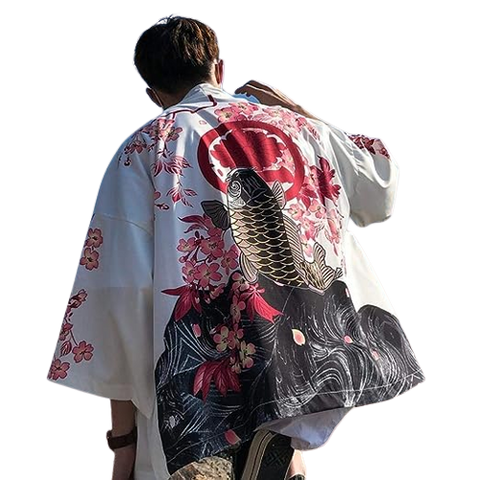 Kimono/Cárdigan (Haori) Unisex - Diseño de Carpa y Flores Fondo Blanco