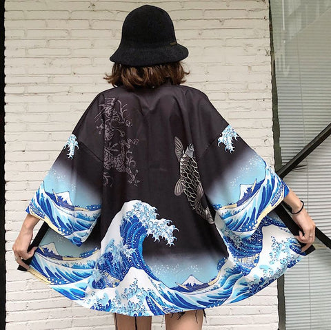 Kimono/Cárdigan (Haori) Unisex - Diseño de Carpas con fondo del mar de Japón Negro