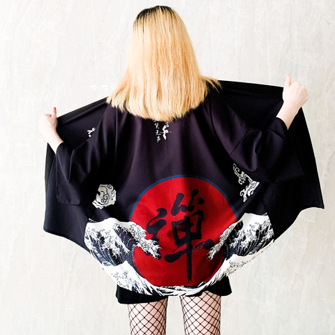 Kimono/Cárdigan (Haori) Unisex - Diseño de Mar Japonés y Luna Roja